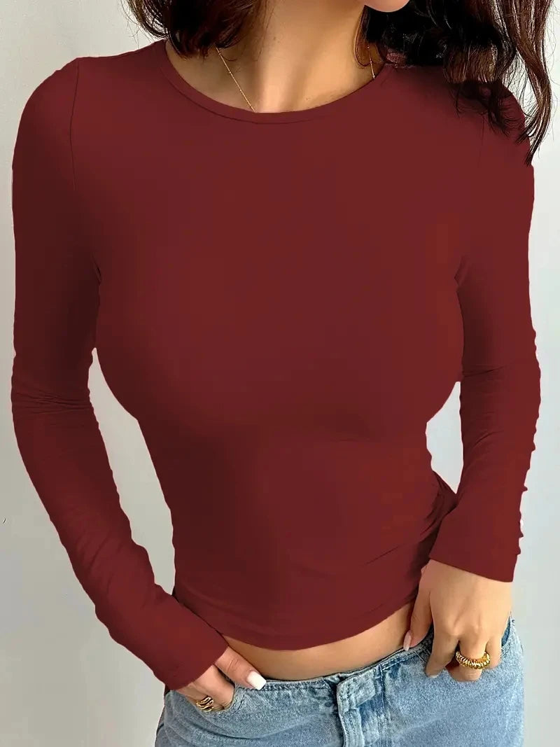 2025 Summer Solid Crew Neck T-Shirt, Casual Long Sleeve Top For Spring & Fall,Women's Clothing