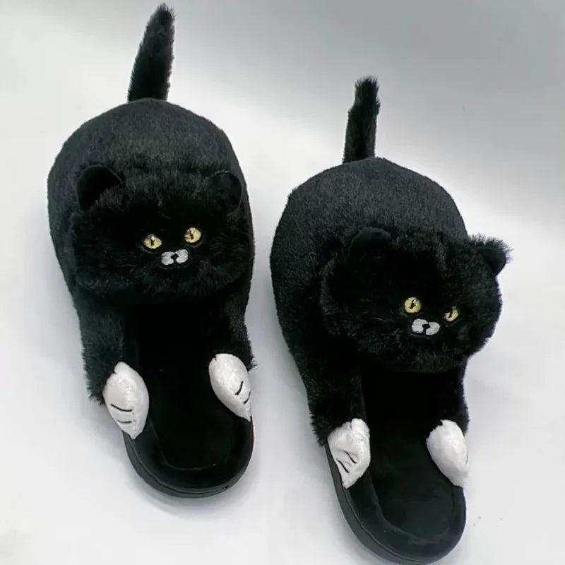 Cuddly Hug Cat Slippers Women Winter Home Fur Slides Kawaii Floor Shoes Furry Slippers Girl Kitty Mules Funny Cute Gift Slippers