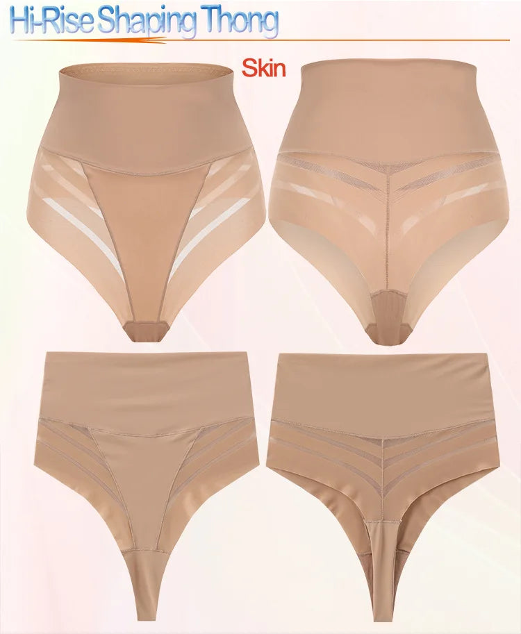 Women's High Waist Thong Style Shapewear Tummy Control Waist Trainer Hip Lift Body Shaping Pants Plus Size Striped Mesh Thong
