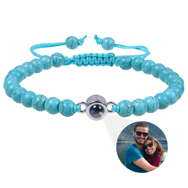6mm Natrual Stone Custom Photo Projection Bracelet Personalized Beads Bracelets For Women Men Couples Anniversary Jewelry Gift