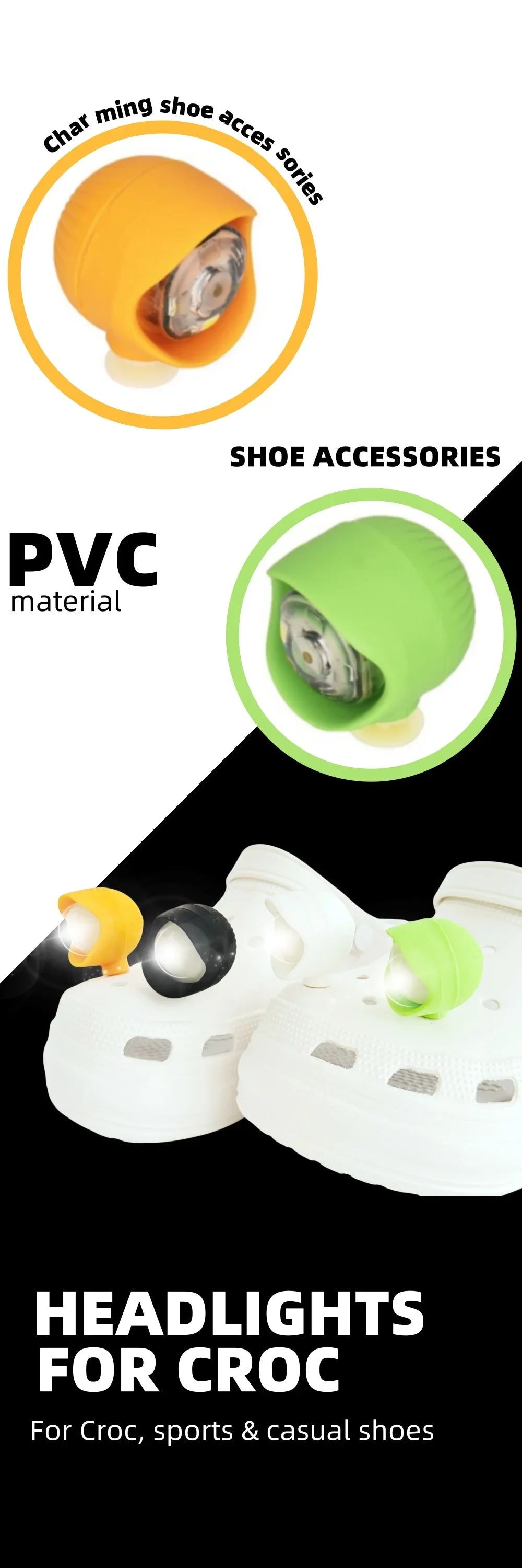 2pcs LED Shoe Lights Charms Upgrade Headlight Rechargeable for Night Walks Shoes Charms PVC Accessories, 3 Lighting Modes