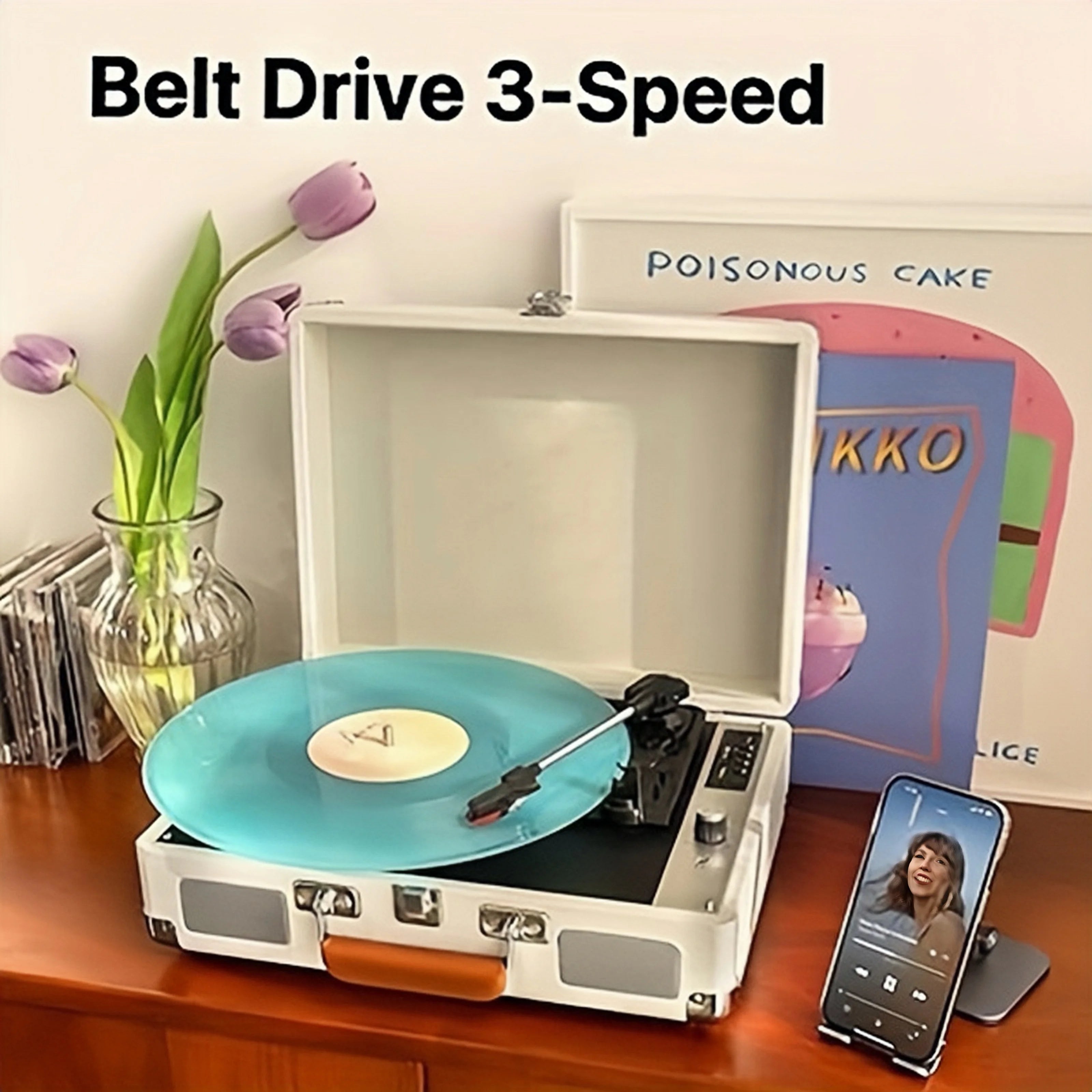 Vinyl Record Player P01，3-Speed Bluetooth Suitcase Portable Belt-Driven Record Player with Built-in Speakers RCA Out AUX in