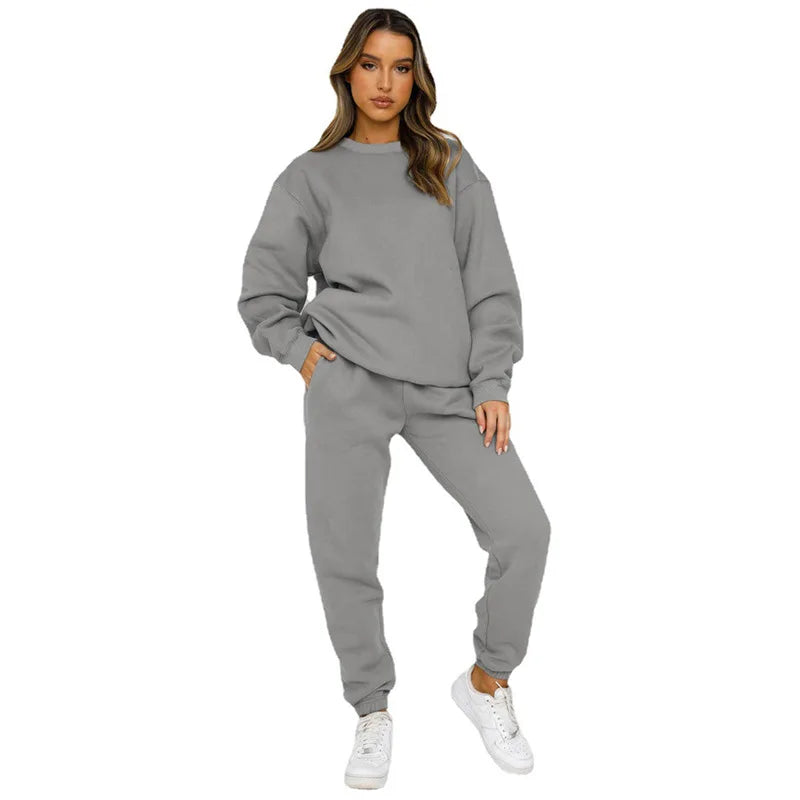 Осение Женские Костюмы Women's Winter Warm Suit Round Neck Solid Color Long Sleeve Pullover Sweatshirt Sweatpants Штаны Женские