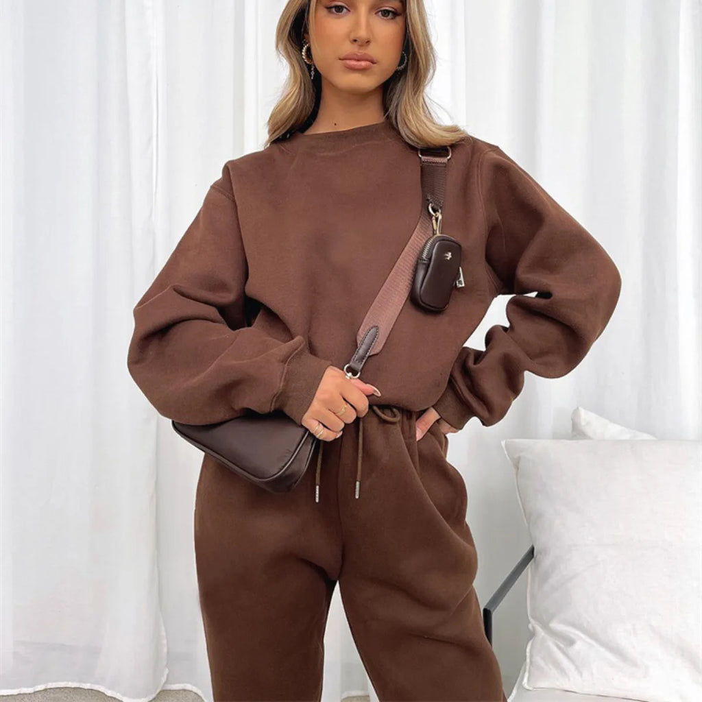 Осение Женские Костюмы Women's Winter Warm Suit Round Neck Solid Color Long Sleeve Pullover Sweatshirt Sweatpants Штаны Женские
