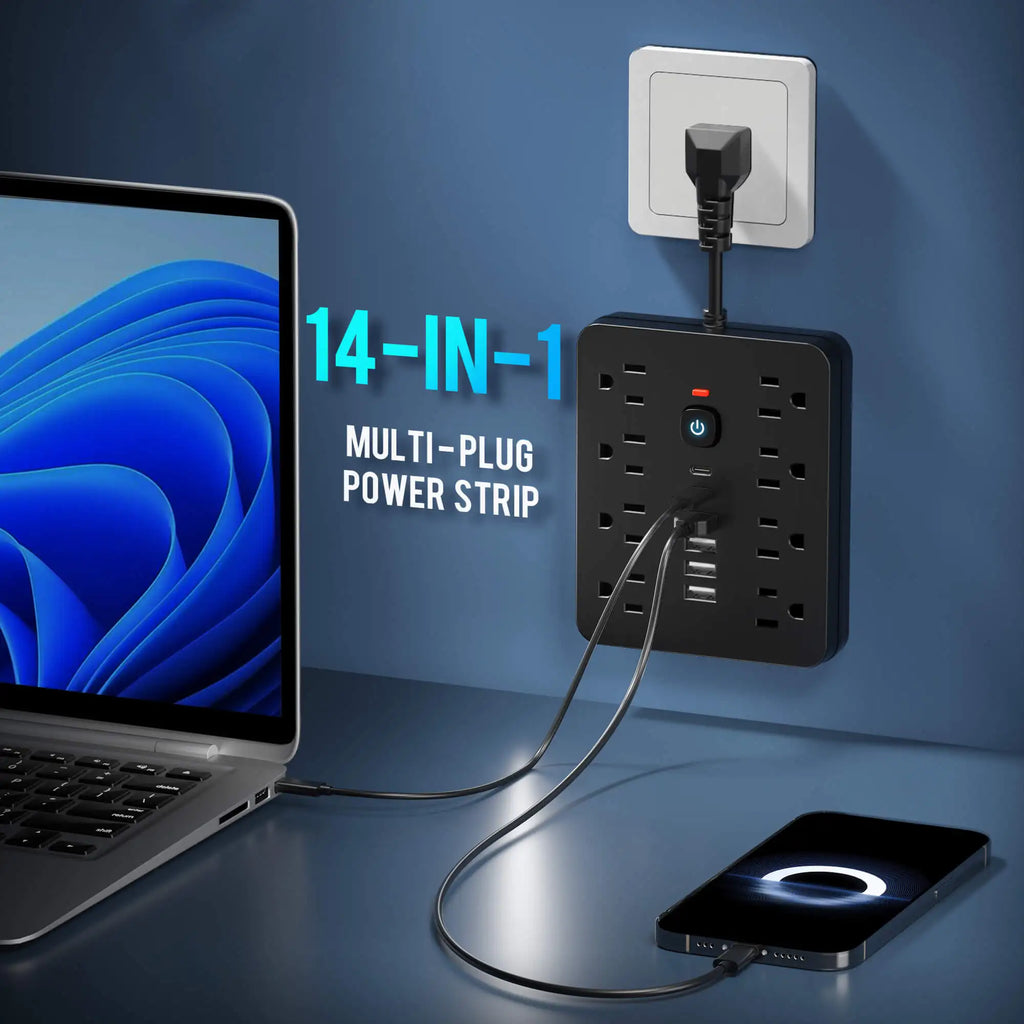 14-in-1 Multifunctional Power Strip with Switch & Surge Protection,  with 8AC Outlets & 4 USB & 2 Type-C Ports travel charger