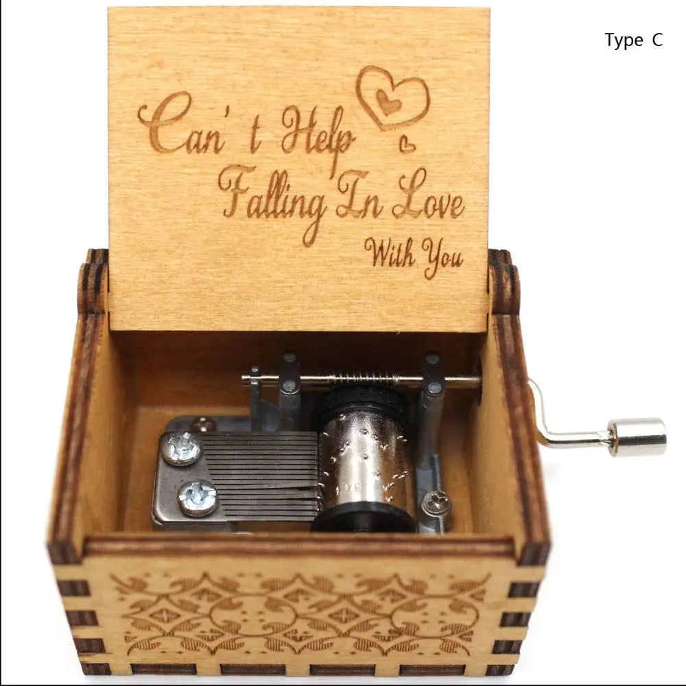 Vintage Engraving Wooden Music Box Hand-cranked Music Box Can't Help Falling in Love Music Box Wife Birthday Valentines Day Gift