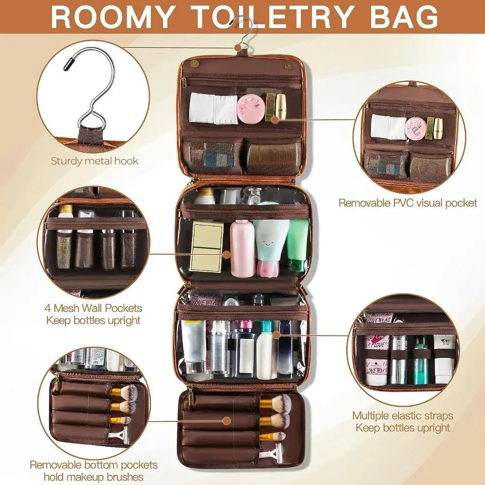 Multi-Pocket Makeup Bag Large Size Waterproof Design Hanging Toiletry Bag PU Leather 3-in-1 Dopp Kit Business Trip