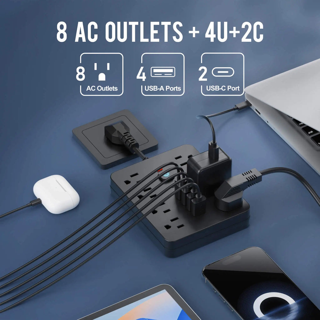 14-in-1 Multifunctional Power Strip with Switch & Surge Protection,  with 8AC Outlets & 4 USB & 2 Type-C Ports travel charger