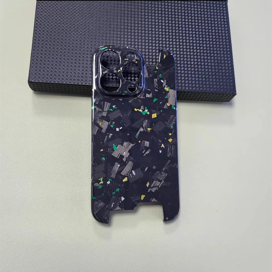 Glossy Forged Ultra Thin Genuine Pure Carbon Fiber Cover For iPhone 15 14 16 Pro Max Glitter Bling Irregular Shockproof Case