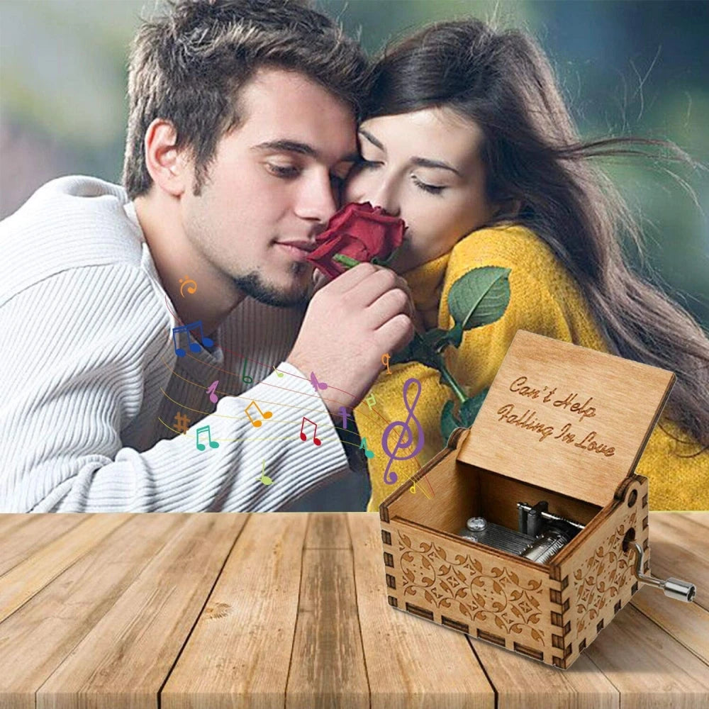 Vintage Engraving Wooden Music Box Hand-cranked Music Box Can't Help Falling in Love Music Box Wife Birthday Valentines Day Gift