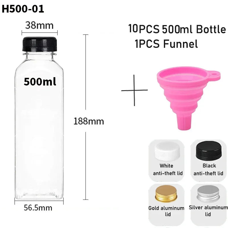10pcs 60ML-500ML Clear Empty Plastic Juice Bottles with Caps Reusable Water Bottle Juicing Smoothie Containers W/ Funnel