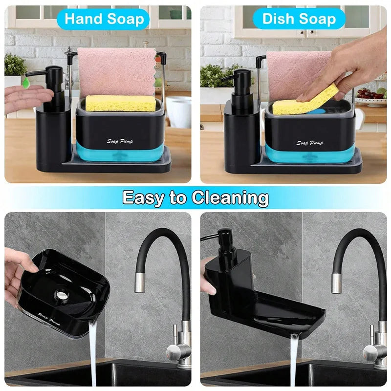 Multi-Functional Kitchen Soap Dispenser Hand Dish Soap Dispenser with Dual Soap Dispensers Sponge and Dishcloth Holders Tray