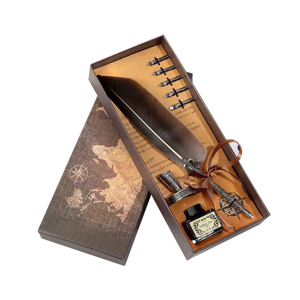 1 Set Retro Calligraphy Feather Dip Pen with 2 Nib Set Quill Fountain Writing Creative Vintage Stationery Gift Box no ink