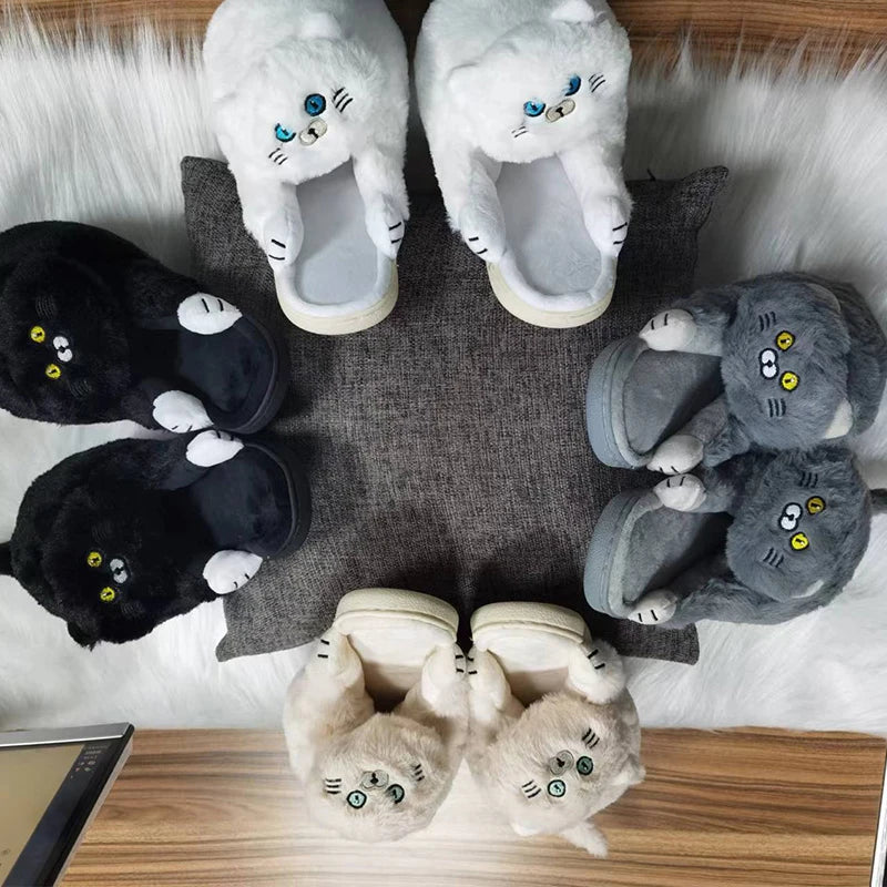 Cuddly Hug Cat Slippers Women Winter Home Fur Slides Kawaii Floor Shoes Furry Slippers Girl Kitty Mules Funny Cute Gift Slippers