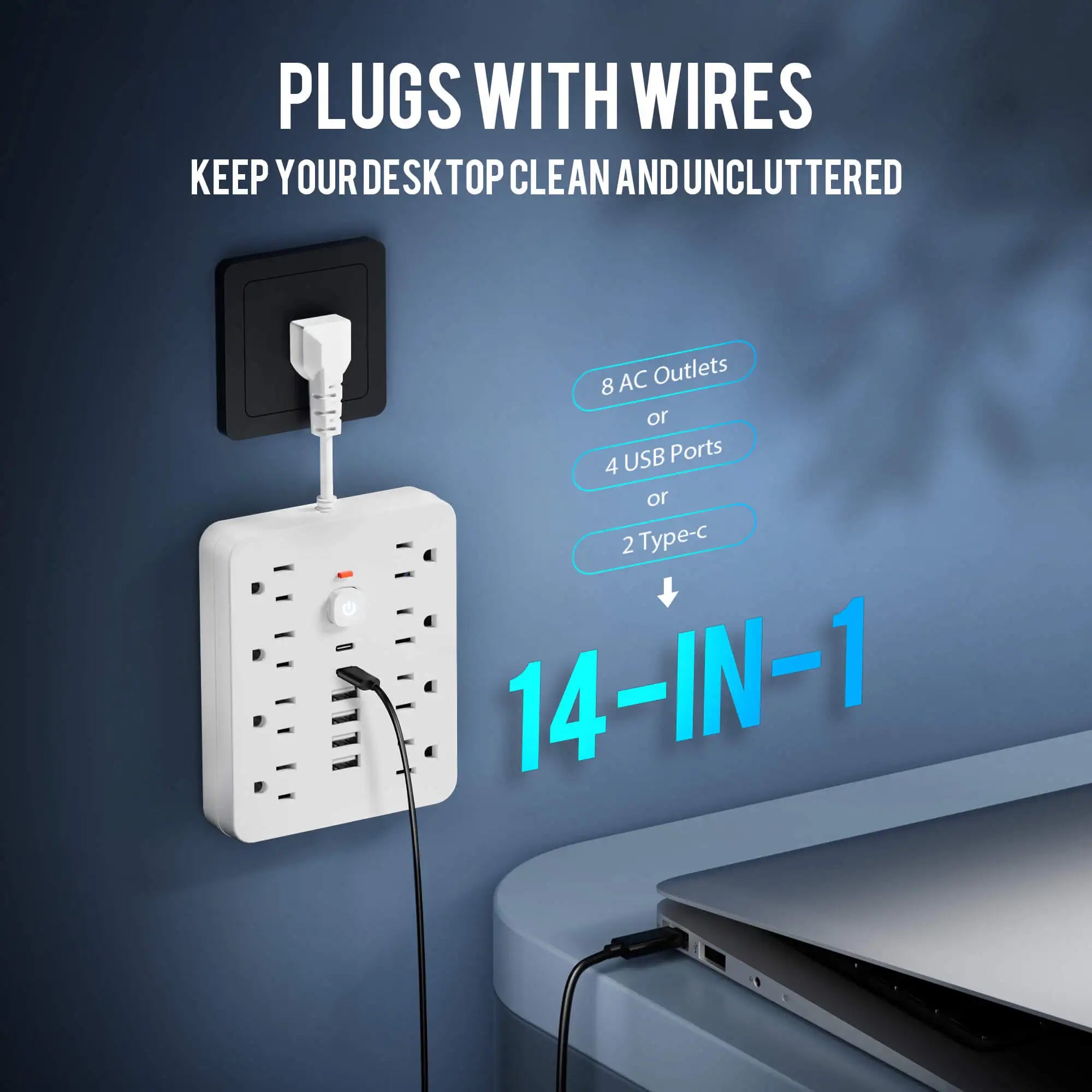14-in-1 Multifunctional Power Strip with Switch & Surge Protection,  with 8AC Outlets & 4 USB & 2 Type-C Ports travel charger