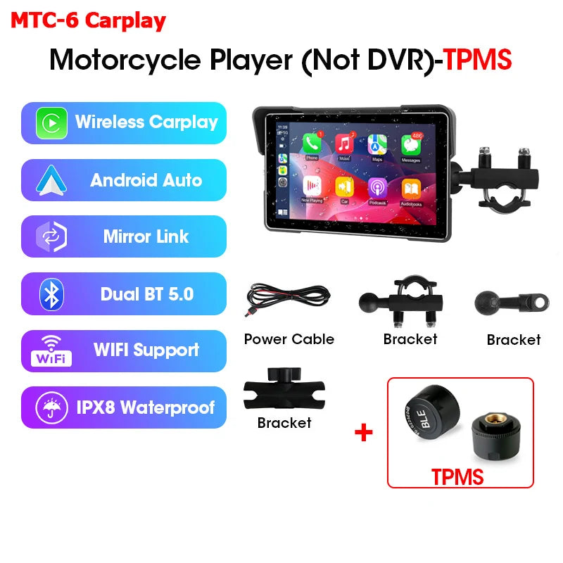 Srnubi 7 Inch Motorcycle Portable Navigation GPS Wireless Carplay Android Auto IP67 Waterproof Motorcycle Touch Screen Display