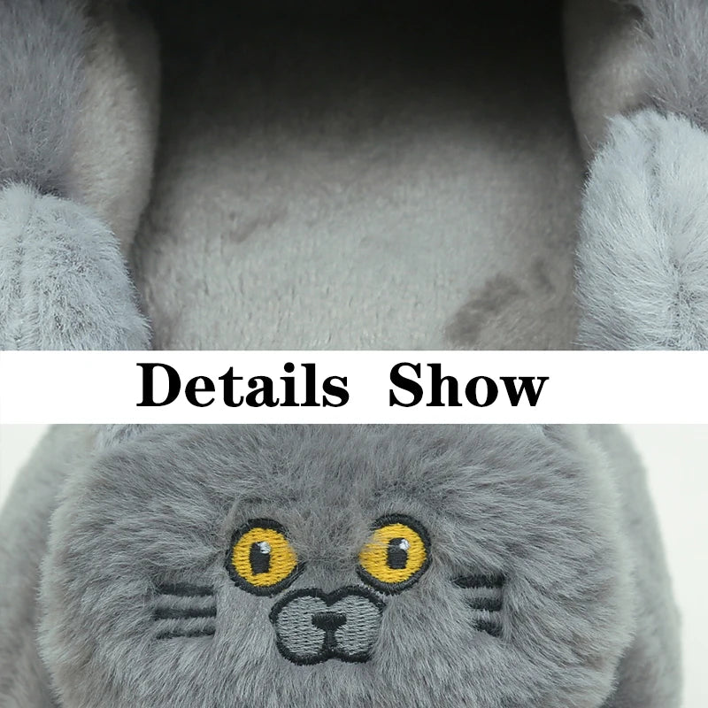 Cuddly Hug Cat Slippers Women Winter Home Fur Slides Kawaii Floor Shoes Furry Slippers Girl Kitty Mules Funny Cute Gift Slippers