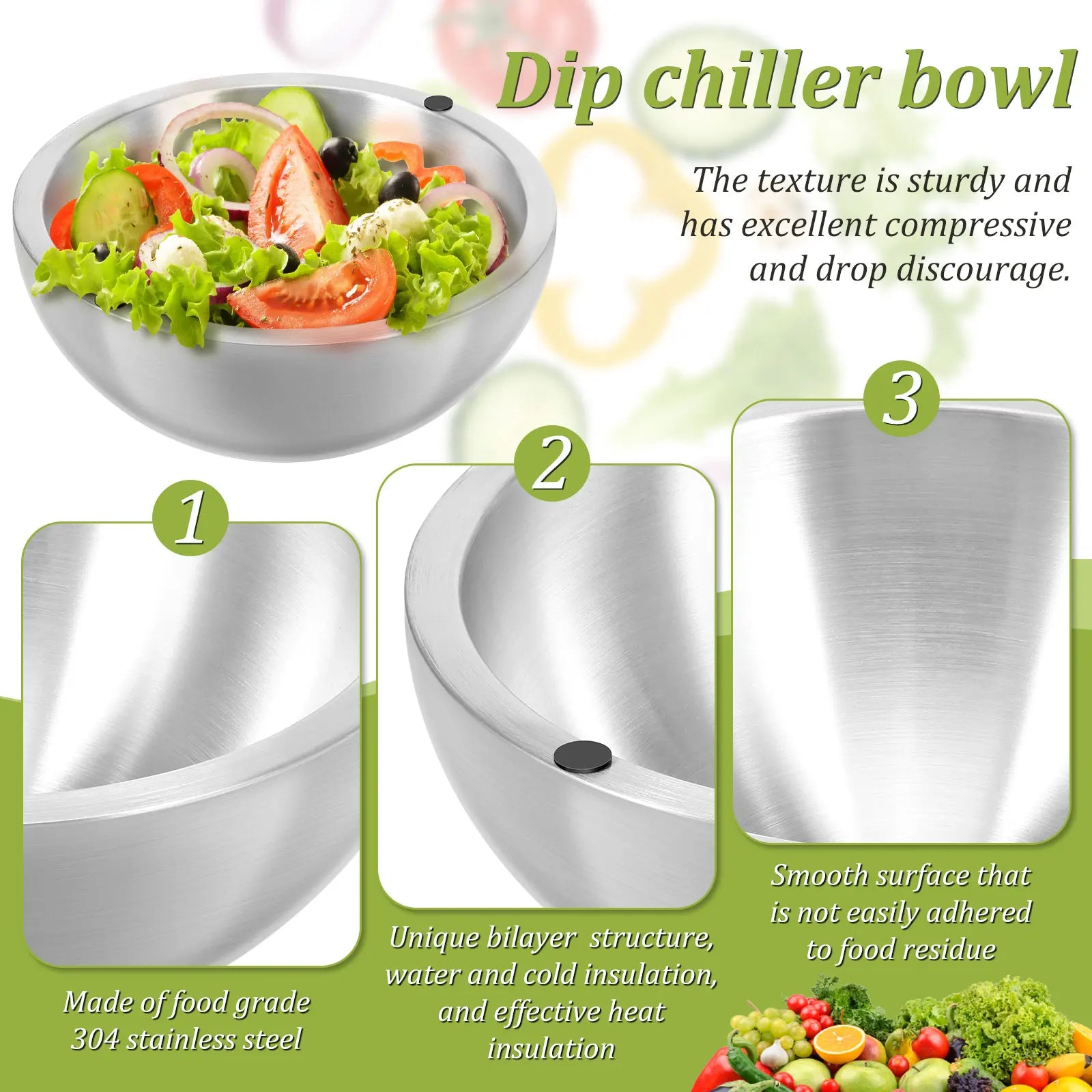 Stainless Steel Dip Chiller Bowl Serving Bowls with Double Walled Ice Cavity Insulated Etch Resistant Robust Long Service Life