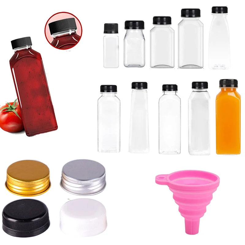 10pcs 60ML-500ML Clear Empty Plastic Juice Bottles with Caps Reusable Water Bottle Juicing Smoothie Containers W/ Funnel