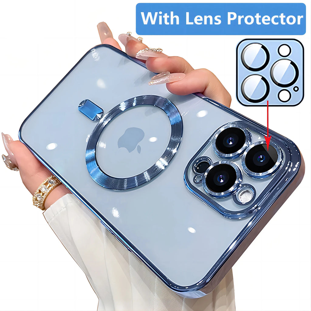 Magnetic Plating Case For iPhone 15 16 14 17 13 12 11 Pro Max Air Camera Lens Protector Glass For Magsafe Wireless Charger Cover