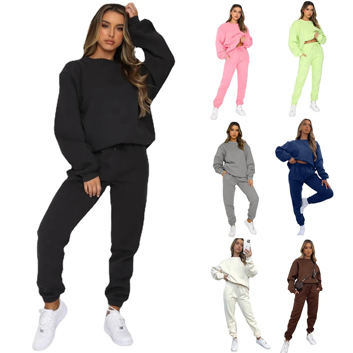 Осение Женские Костюмы Women's Winter Warm Suit Round Neck Solid Color Long Sleeve Pullover Sweatshirt Sweatpants Штаны Женские