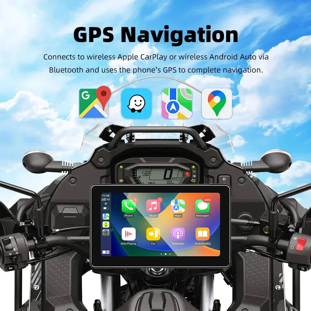 Srnubi 7 Inch Motorcycle Portable Navigation GPS Wireless Carplay Android Auto IP67 Waterproof Motorcycle Touch Screen Display