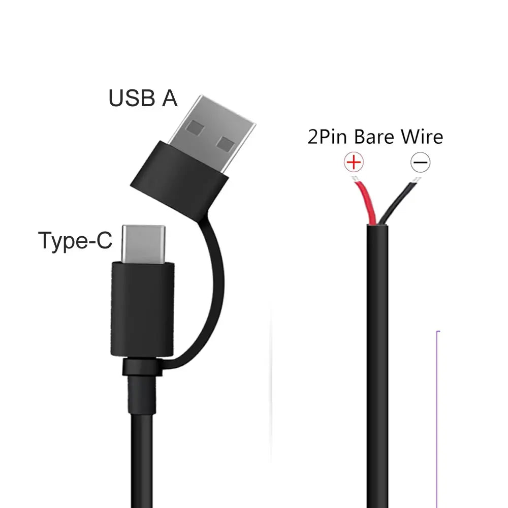 USB Type-C 2 Core Pigtail Cable, 5V USB-C to 2Pin Bare Wire Open End Extension Cable for DIY Replacement or Repair Power Cable