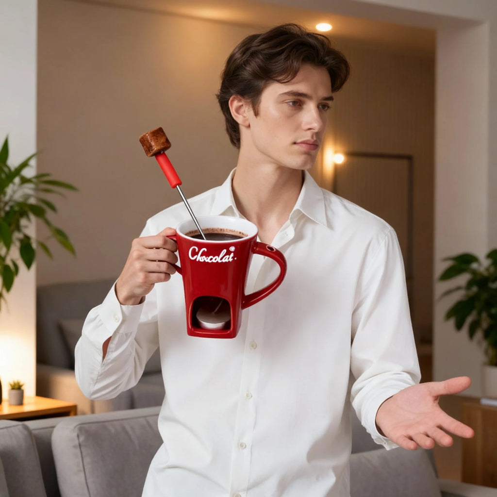 130ml Ceramic Chocolate Fondue Cup with Fork European Candle Heating Mug Creative Food Warmer for Cheese Coffee