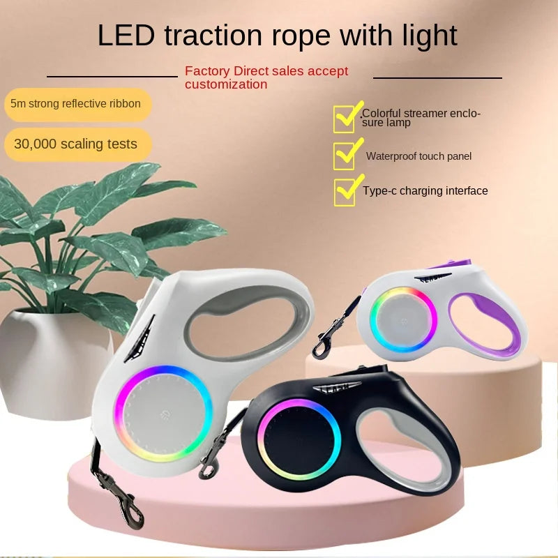 Retractable dog walker Tetractable leash for small and medium-sized dogs With flashligh and ambient light Nighttime safety