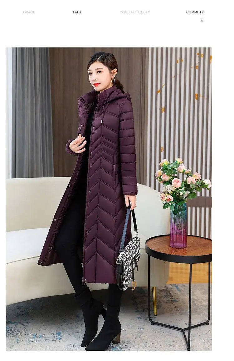 2025 NEW Winter Hooded Down Jacket 5XL Women's Warm Parka Fashion Down Cotton Women Long Coat Slim Temperament Female Overcoat