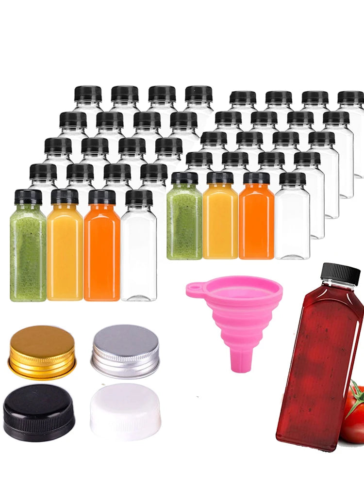 10pcs 60ML-500ML Clear Empty Plastic Juice Bottles with Caps Reusable Water Bottle Juicing Smoothie Containers W/ Funnel
