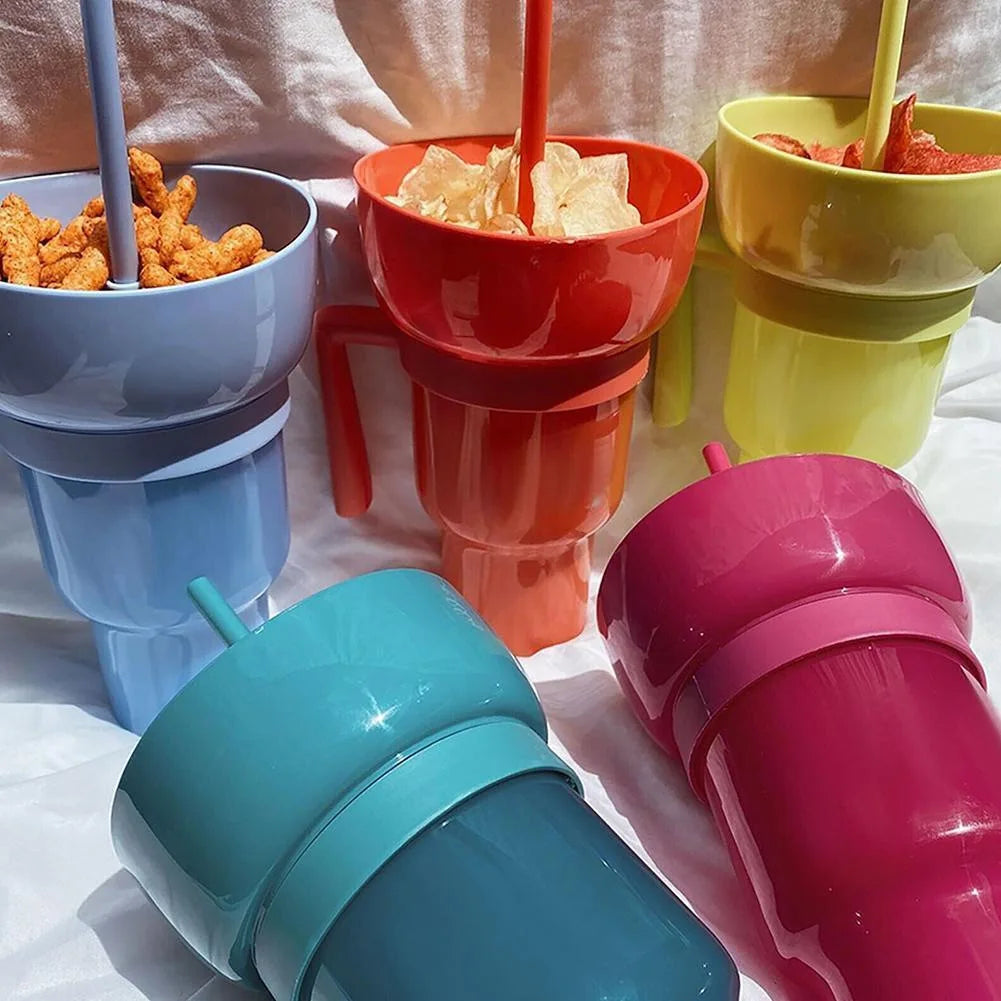 Stadium Tumbler Popcorn Drink Cola Cup 2 In 1 Snackies Cup Portable Splash Snack Bowl Chicken Storage Bowl with Handle Straw Cup