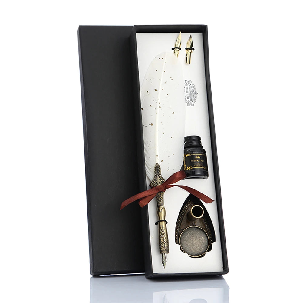 1 Set Retro Calligraphy Feather Dip Pen with 2 Nib Set Quill Fountain Writing Creative Vintage Stationery Gift Box no ink