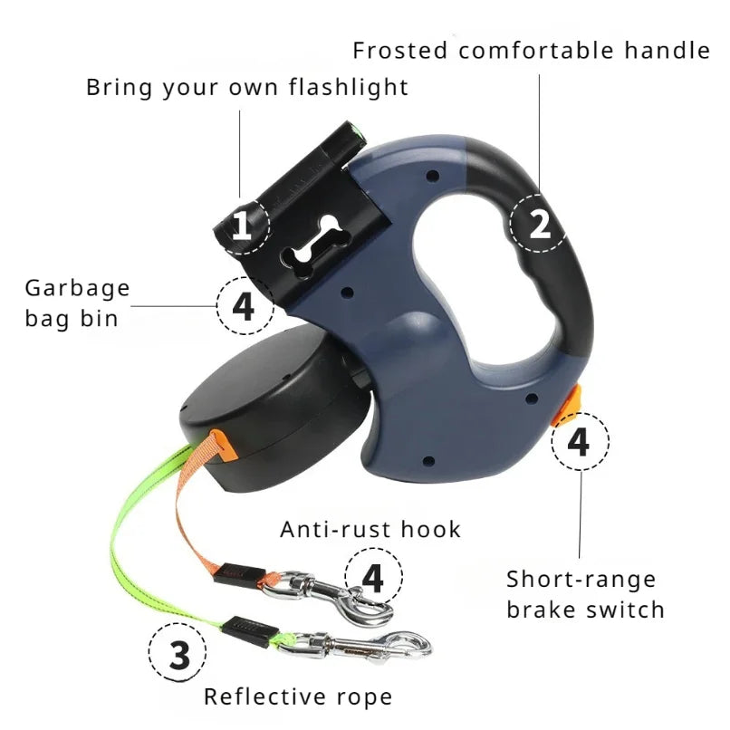 Automatic retractable two-end pet leash Dog leash with flashlight one tow two easy to walk your dog