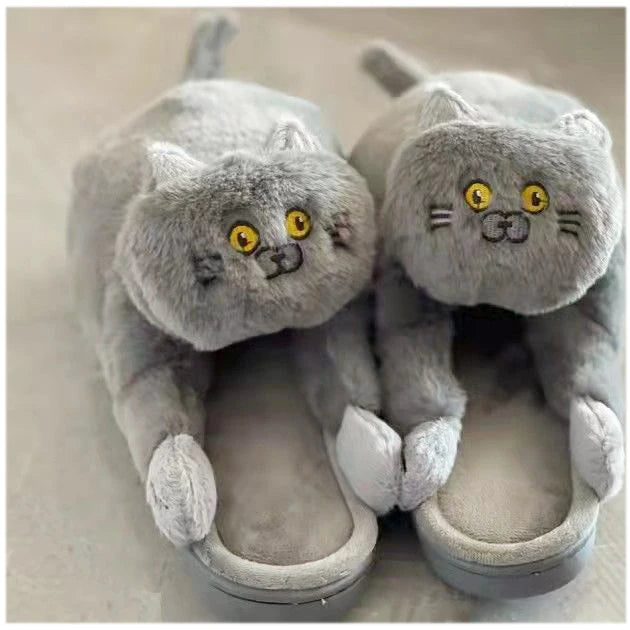Cuddly Hug Cat Slippers Women Winter Home Fur Slides Kawaii Floor Shoes Furry Slippers Girl Kitty Mules Funny Cute Gift Slippers