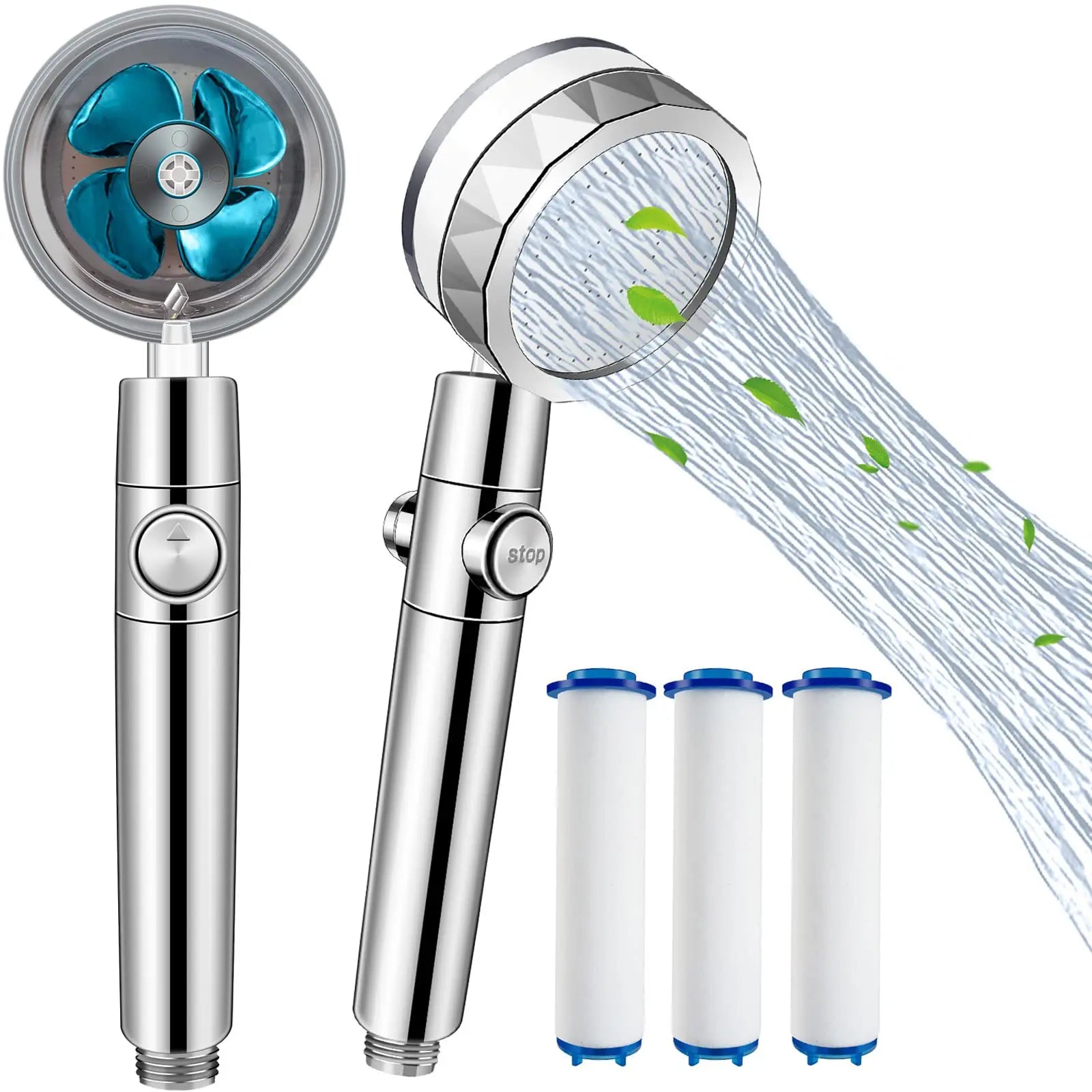 High Pressure Turbo Fan Shower Head 360° Swivel Water Saving Propeller Flow Showerhead with Filter Rainfall Bathroom Accessories