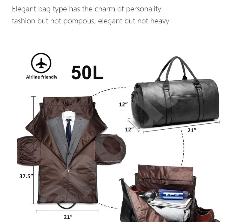 2025 New Men's Large Capacity Leather Waterproof Weekend Travel Business Convertible Suit Bag 2 in 1 Hand Carry-on Luggage Bag