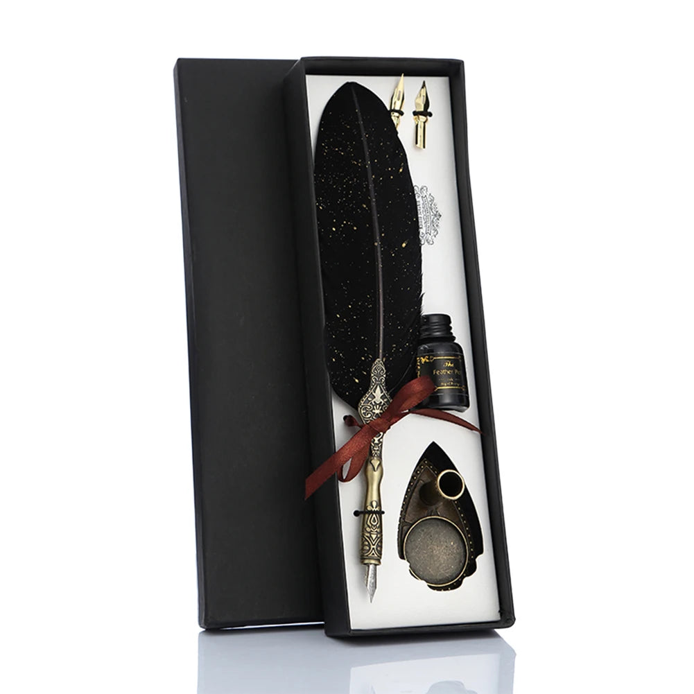 1 Set Retro Calligraphy Feather Dip Pen with 2 Nib Set Quill Fountain Writing Creative Vintage Stationery Gift Box no ink