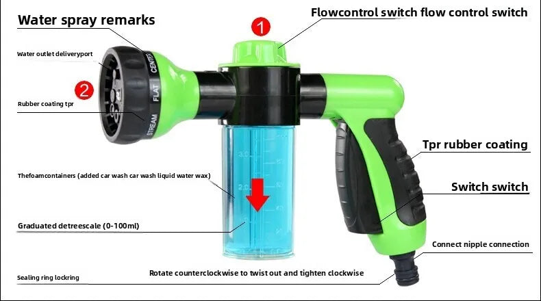 Multifunctional  Adjustable Mode Water Guns Nozzle Hose Washer Garten Watering Jet Sprayer with Foam Container Fertilizer Tools