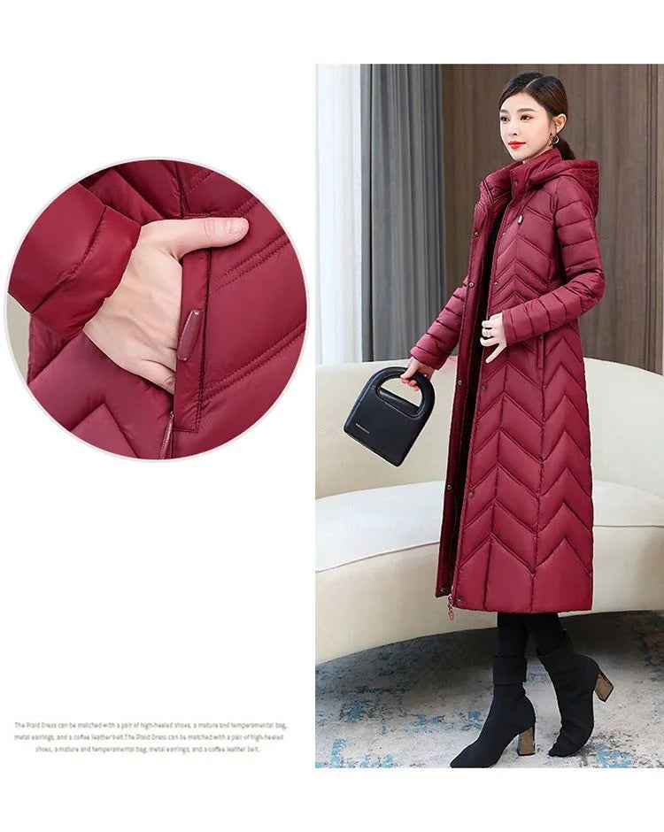 2025 NEW Winter Hooded Down Jacket 5XL Women's Warm Parka Fashion Down Cotton Women Long Coat Slim Temperament Female Overcoat
