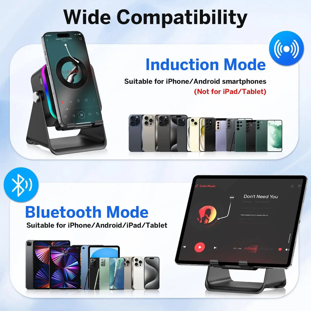 NEW 5 In 1 Auto-induction Wireless Induction Speaker 8 Mode RGB Light Phone Stand Surround Sound Portable Bluetooth Phone Holder