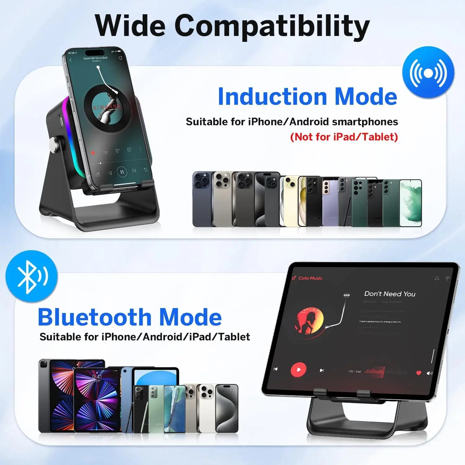 NEW 5 In 1 Auto-induction Wireless Induction Speaker 8 Mode RGB Light Phone Stand Surround Sound Portable Bluetooth Phone Holder