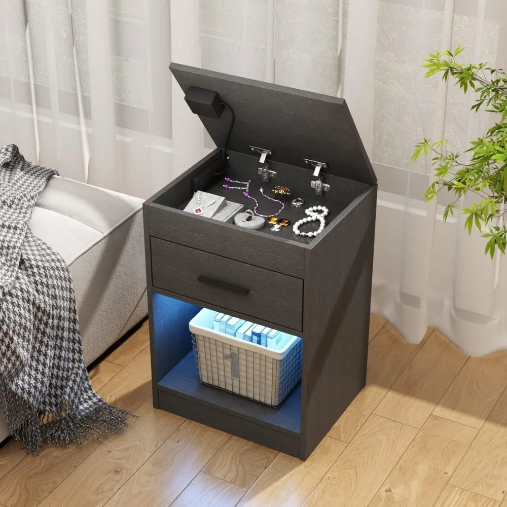 Nightstand with Charging Station and LED Lights, Concealment Furniture with RFID Lock Cabinet and Power Outlets, Bedside Table w