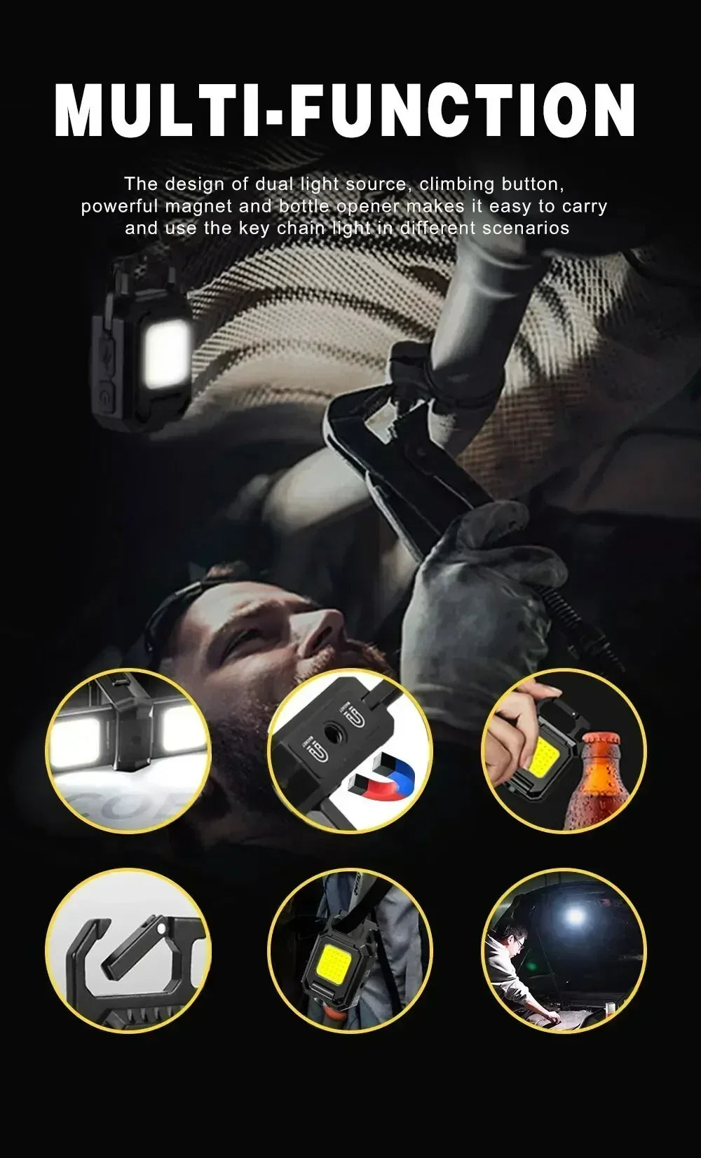 Bright COB Keychain Flashlight,Rechargeable Mini Work Light Magnetic Portable Pocket Lamp for Camping Fishing Hiking Emergency
