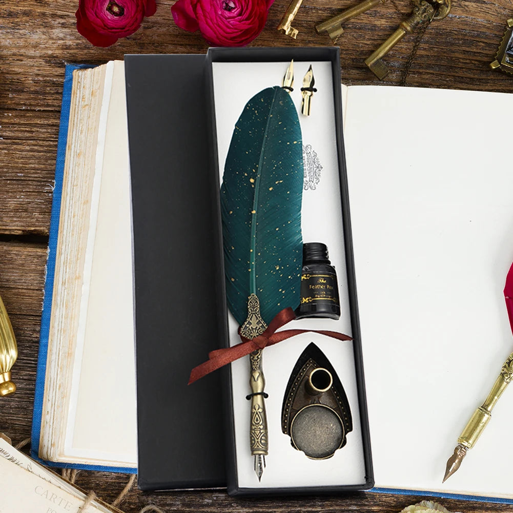 1 Set Retro Calligraphy Feather Dip Pen with 2 Nib Set Quill Fountain Writing Creative Vintage Stationery Gift Box no ink