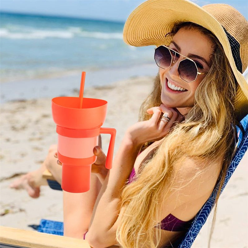 Stadium Tumbler Popcorn Drink Cola Cup 2 In 1 Snackies Cup Portable Splash Snack Bowl Chicken Storage Bowl with Handle Straw Cup