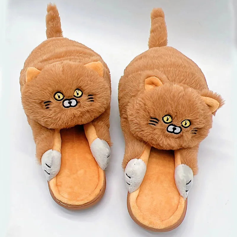 Cuddly Hug Cat Slippers Women Winter Home Fur Slides Kawaii Floor Shoes Furry Slippers Girl Kitty Mules Funny Cute Gift Slippers