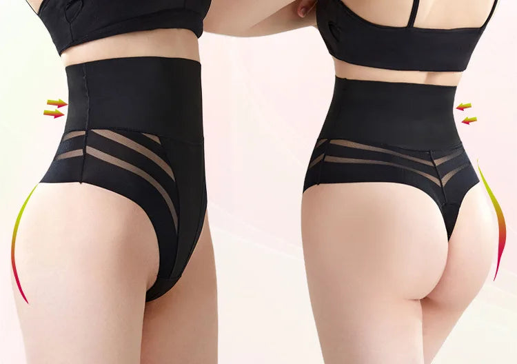 Women's High Waist Thong Style Shapewear Tummy Control Waist Trainer Hip Lift Body Shaping Pants Plus Size Striped Mesh Thong