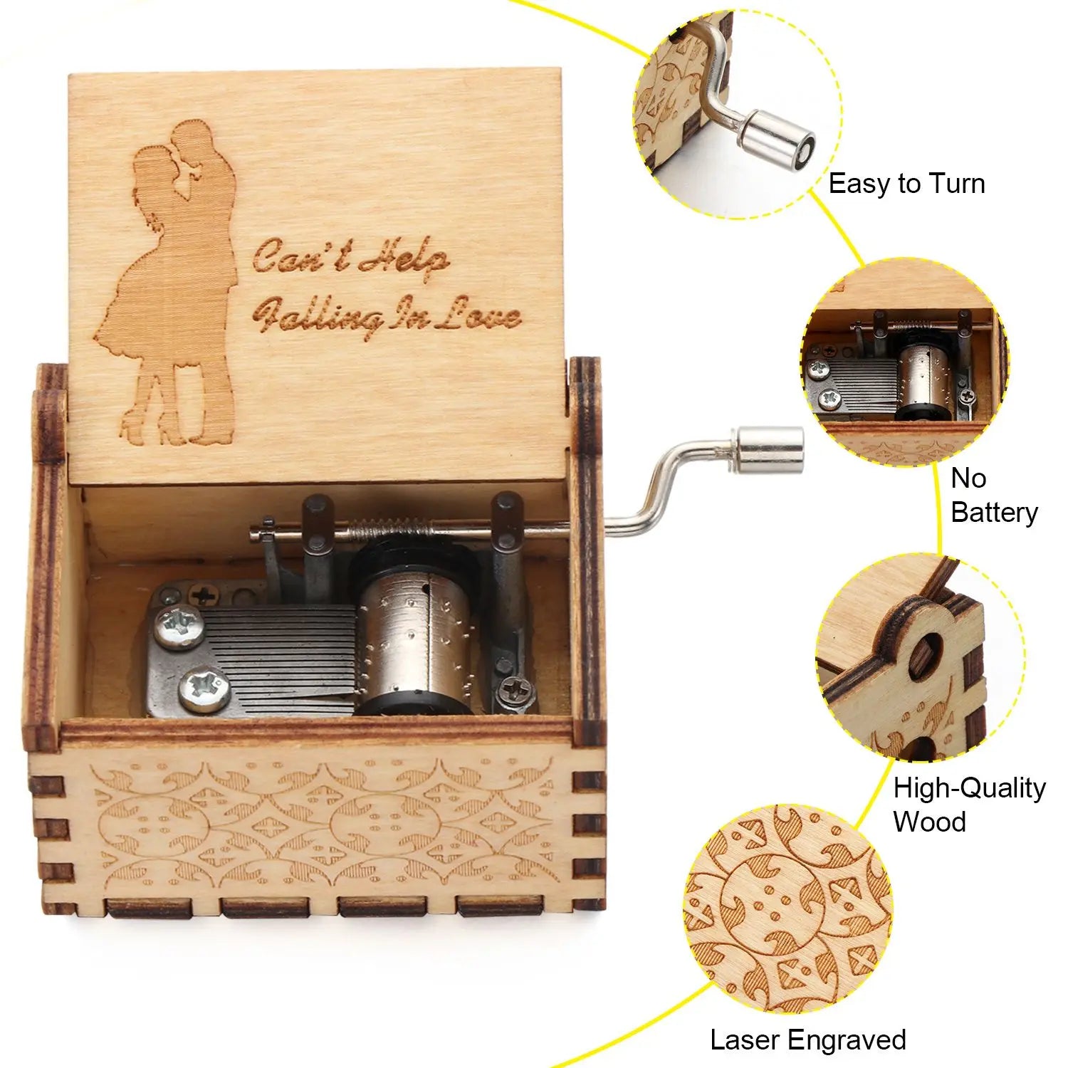Vintage Engraving Wooden Music Box Hand-cranked Music Box Can't Help Falling in Love Music Box Wife Birthday Valentines Day Gift