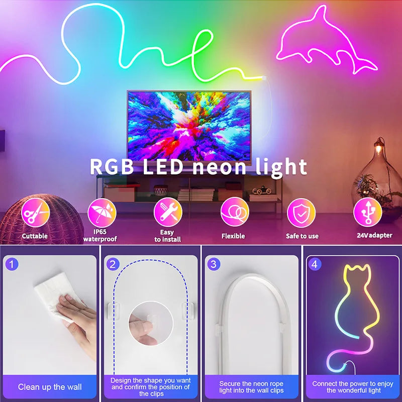 TUYA Neon LED Strip Lights 5V 84LEDs/M Silicone Neon Rope Light with Alexa Wifi APP Control Music Sync RGB Strip Tape for Room
